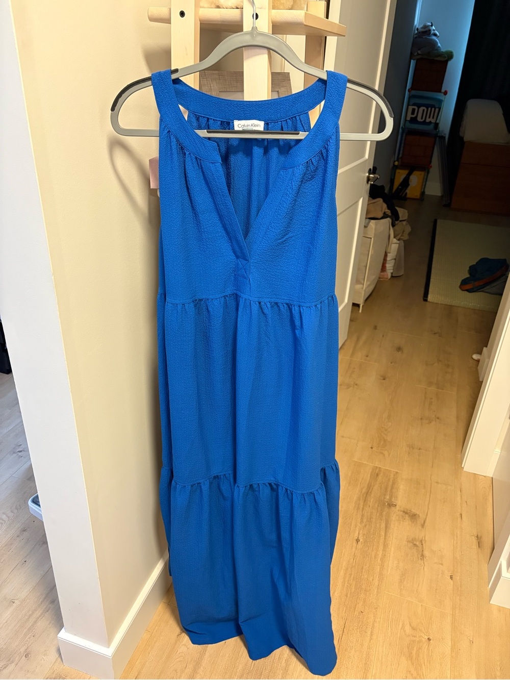 Calvin Klein Blue Tiered V-Neck Midi Dress Size 12 Sleeveless